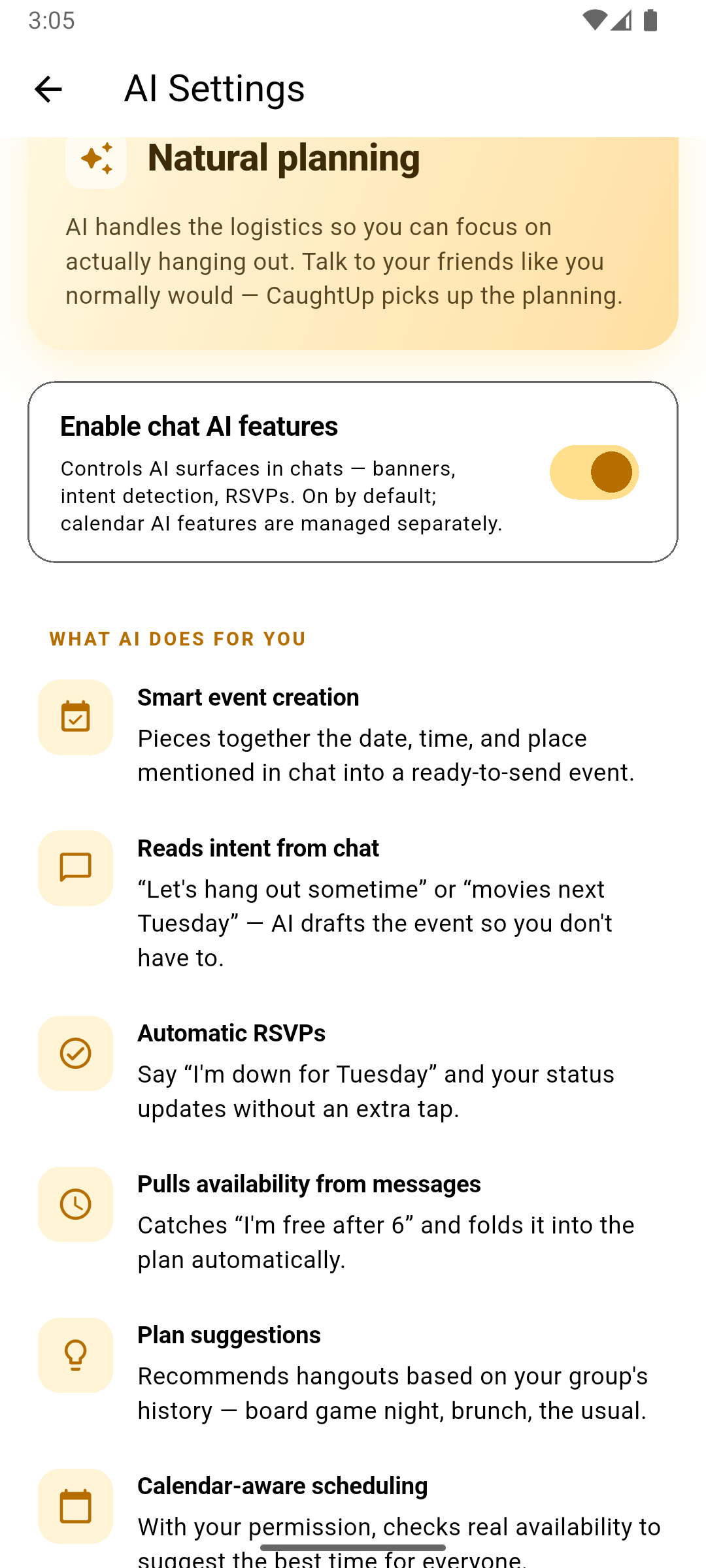 CaughtUp AI Settings screen showing all Natural Planning capabilities — smart event creation, reading intent from chat, automatic RSVPs, availability tracking, plan suggestions, and calendar-aware scheduling