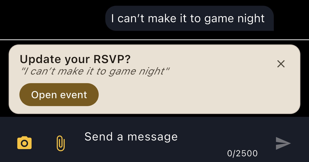 CaughtUp automatically detects 'I can't make it to game night' and offers to update the RSVP